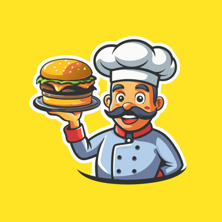 Cartoon Chef Holding a Scrumptious Burger with a Grinのイラスト素材