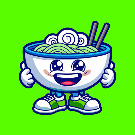 Vector Logo Illustration of a Cheerful Ramen Mascot with Cartoon Stylistic Designのイラスト素材