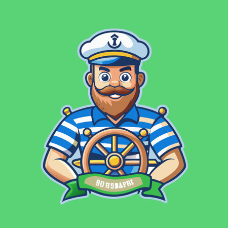 Cartoon Illustration of a Cheerful Sailor Mascot with a Vector Logo Designのイラスト素材