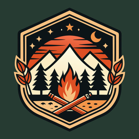 Vintage Campfire Badge Featuring Firewood and Outdoor Elementsのイラスト素材