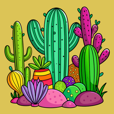 Colorful Cartoon Illustration of a Mesmerizing Cactus Plantのイラスト素材