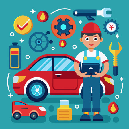 Car Repair Vector Illustration Depicting Vehicle Maintenance Servicesのイラスト素材