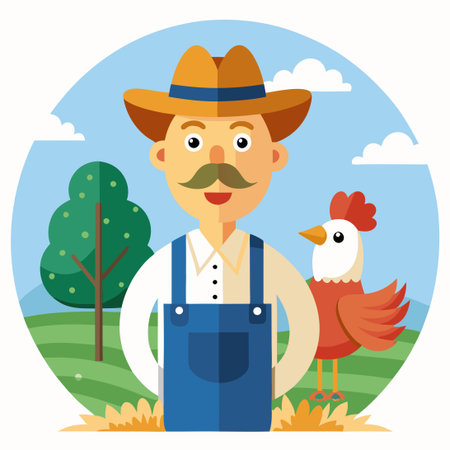 Farmer with chicken and rooster. Flat style vector illustration.のイラスト素材