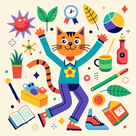 Colorful Vector Graphics of Cats in Various Gestures and Activitiesのイラスト素材