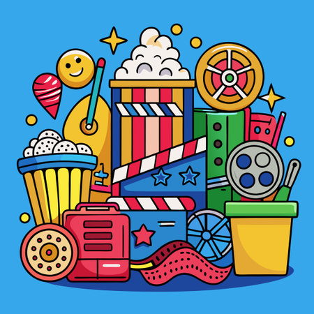 Vibrant Cinema Doodle Illustration with Cartoonish Colorsのイラスト素材