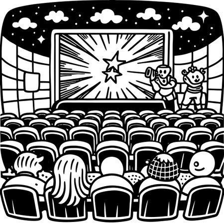 Colorful Cinema Cartoon Doodle Illustration with Expressive Charactersのイラスト素材