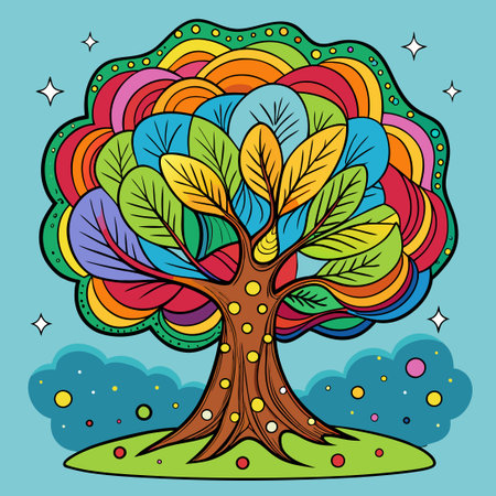 Vibrant Hand-Drawn Doodle Tree with Multicolored Foliageのイラスト素材