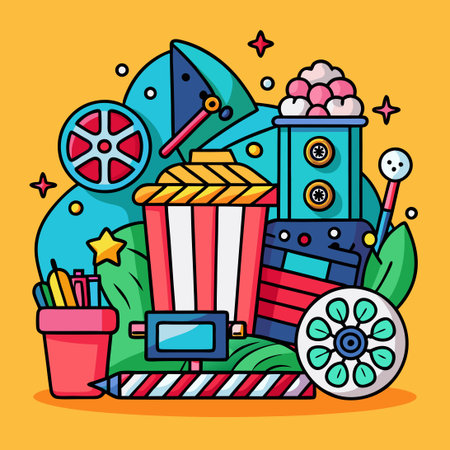 Colorful Cinema Cartoon Doodle Illustration with Vibrant Huesのイラスト素材