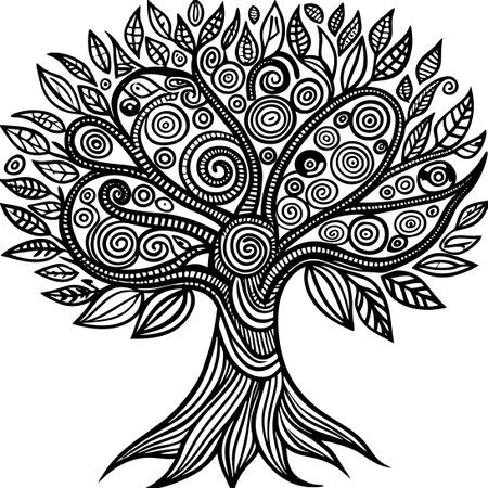 Vibrant Hand-Drawn Doodle Tree with Intricate Patterns and Pastel Huesのイラスト素材