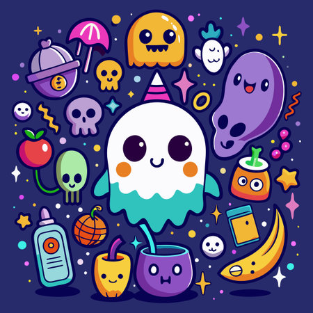 Vibrant and Adorable Ghostly Characters in a Spooky Vector Graphicのイラスト素材