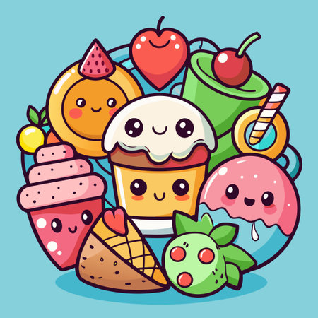 Adorable Kawaii-Style Doodle of Cute Food Itemsのイラスト素材