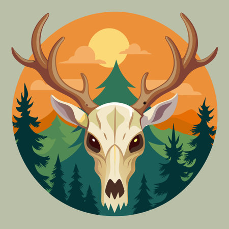 Detailed Vector Illustration of a Deer Skull Surrounded by Natural Elementsのイラスト素材