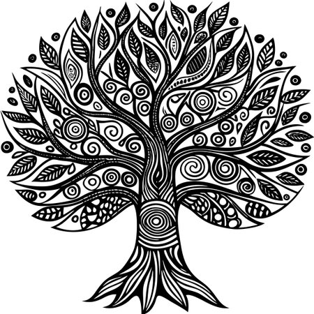 Vibrant and Whimsical Hand-Drawn Doodle Tree with Intricate Detailsのイラスト素材