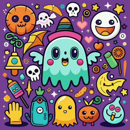 Adorable and Spooky Ghost Characters in Vibrant Vector Artのイラスト素材