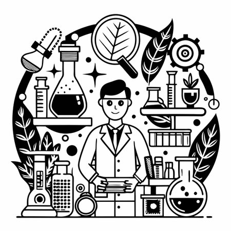 Black and White Line Art Illustration of Clinical Laboratory Equipment and Specimensのイラスト素材