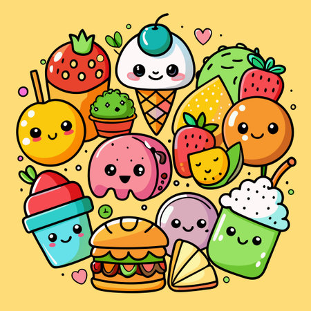 Irresistibly Cute Food Doodle Delights to Brighten Your Dayのイラスト素材