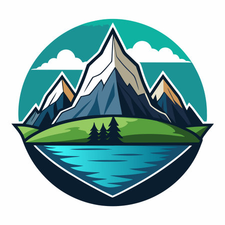 Majestic Mountain Vista Overlooking Tranquil Sea Vector Illustrationのイラスト素材