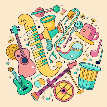 Artistic Doodle of Various Musical Instruments in Pastel Huesのイラスト素材