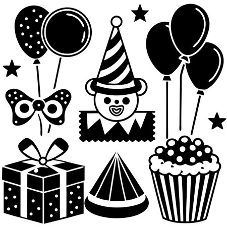 Cute and Colorful Party Elements and Decorations for a Joyful Birthday Celebrationのイラスト素材