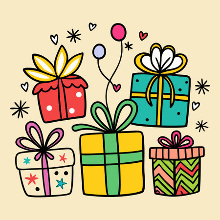 Delightful Doodle Collection Featuring a Festive Gift Box Illustrationのイラスト素材