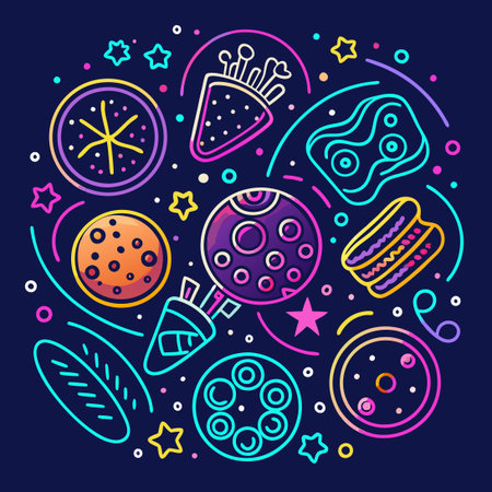 Neon-Colored Doodle Cookies and Biscuits Set Against a Dark Backgroundのイラスト素材