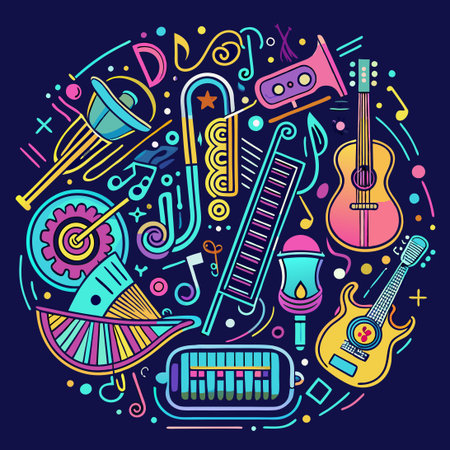 Neon Doodle Symphony: A Kaleidoscope of Musical Instruments in Vibrant Huesのイラスト素材
