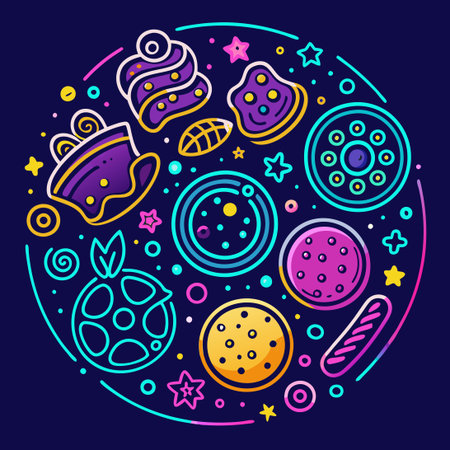 Neon-Colored Doodle Biscuits and Cookies on a Dark Backgroundのイラスト素材