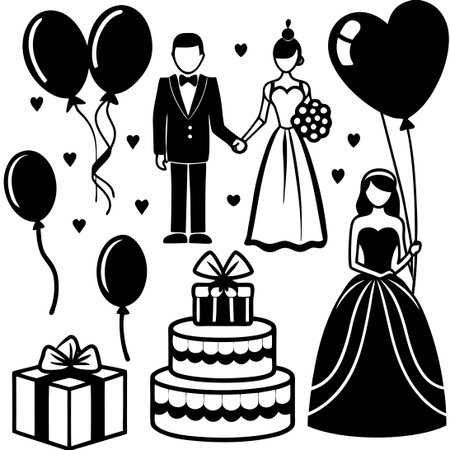 Wedding Party Essentials Doodle Vector Set in Vibrant Colorsのイラスト素材