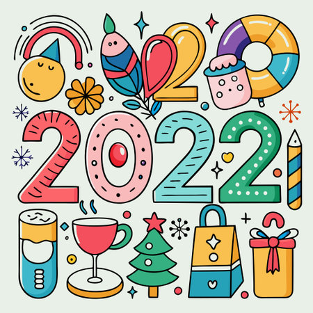 Doodle Vector Set: Happy New Year 2022 Greetings and Festive Celebrationsのイラスト素材