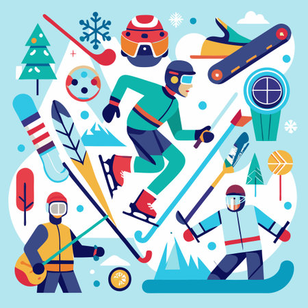 Doodle Vector Set of Winter Sports Activities with Hockeysticks, Skates, and Snowmenのイラスト素材