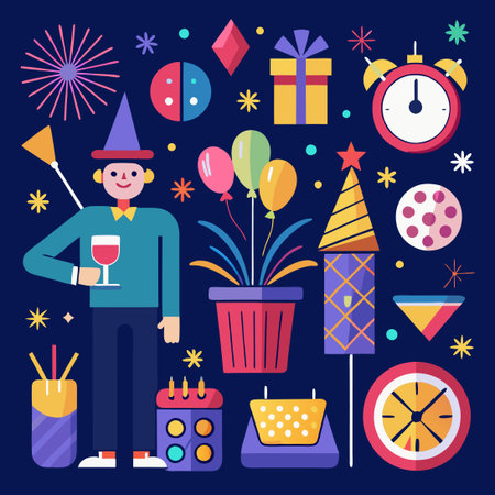 Doodle Vector Set of Party Objects for New Year's Celebrationのイラスト素材
