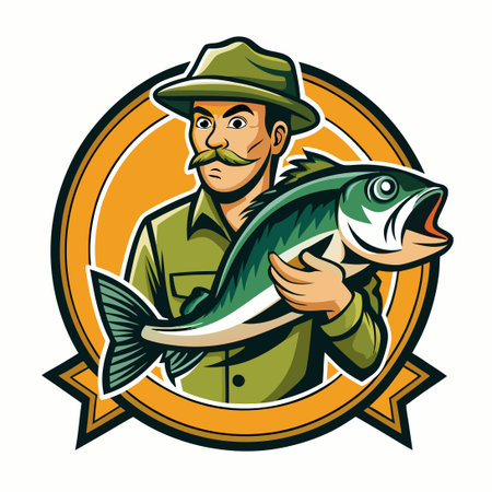 Vintage Fishing Badge Showcasing a Fisherman Displaying an Enormous Catchのイラスト素材