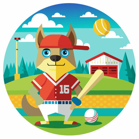 Cartoon Dog Playing Baseball with Bat and Ball Vector Illustrationのイラスト素材