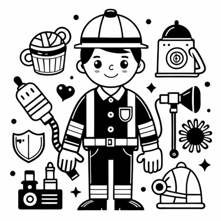 Black and White Doodle Illustration of Firefighting Equipmentのイラスト素材