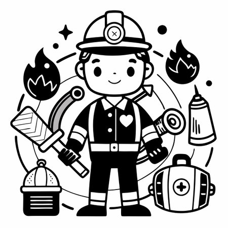 Detailed Doodle Illustration of Black and White Firefighter Equipmentのイラスト素材