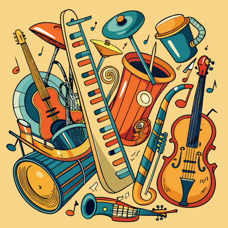 Eleven Doodle Musical Instruments in Vibrant Colorsのイラスト素材