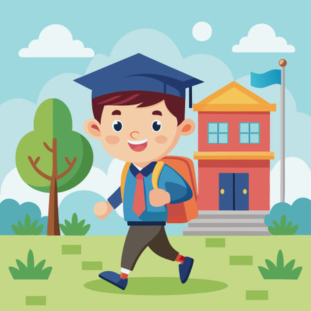 Young Student Excitedly Heading to School on a Bright Sunny Dayのイラスト素材