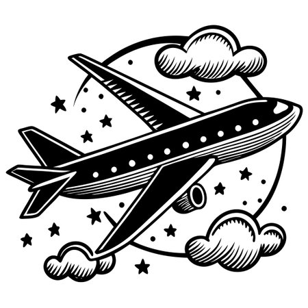 Black and White Cartoon Illustration of Airplane Flying Around the Moon with Cloudsのイラスト素材