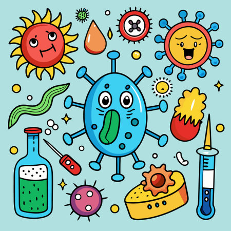 Hand-Drawn Cartoon Set: Doodles Illustrating Flu and Cold Symptoms in Amusing Waysのイラスト素材