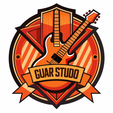 ** Vector Illustration of a Detailed Guitar Studio Logo with Intricate Elements**のイラスト素材