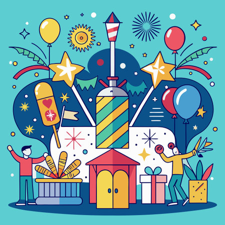 Hand Drawn New Year's Celebration with Fireworks and Champagneのイラスト素材