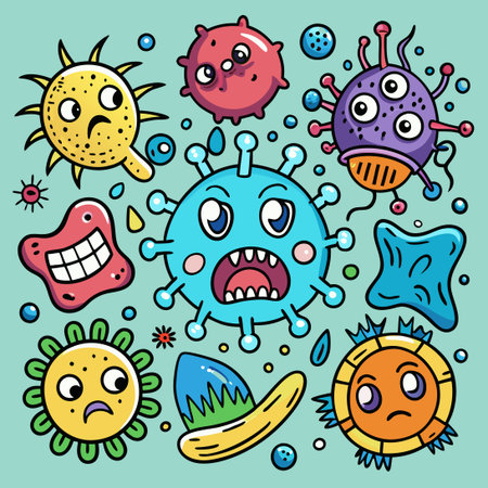 Hand-Drawn Cartoon Set of Doodle-Style Viruses in Vibrant Huesのイラスト素材