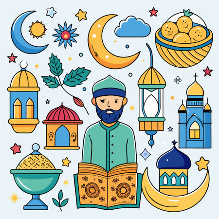 Hand-Drawn Eid Mubarak Greetings and Illustrations for a Joyous Celebrationのイラスト素材