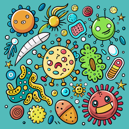 Doodle-Style Cartoon Virus Illustration in Vibrant Colorsのイラスト素材