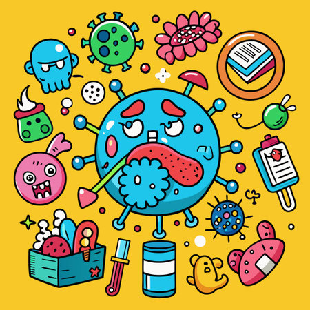 Doodle Cartoon of a Crossed-Out Virus in Vibrant Colorsのイラスト素材