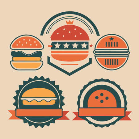 Vintage Hamburger Burger Shop Badge Set with Retro Designs and Stamped Lookのイラスト素材