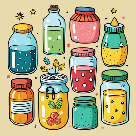 Hand-Drawn Collection Jars in Vibrant Hues and Intricate Designsのイラスト素材