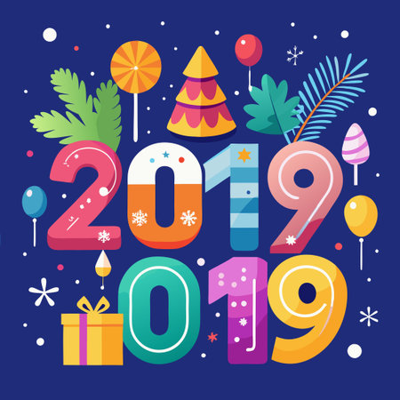 Festive Happy New Year 2019 Greeting Card with Colorful Designのイラスト素材
