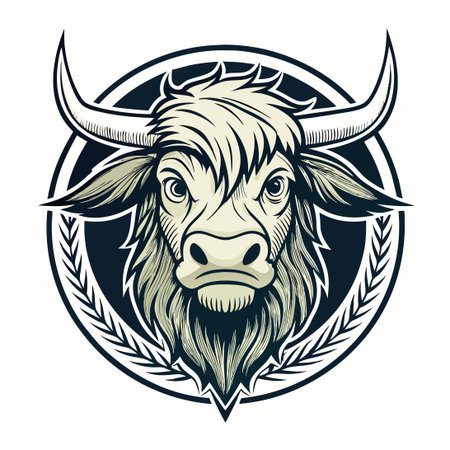 Vintage Highland Cow Head Hand-Drawn Badge Logo Designのイラスト素材