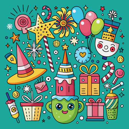 Festive New Year's Eve Doodle Elements for Celebrationのイラスト素材